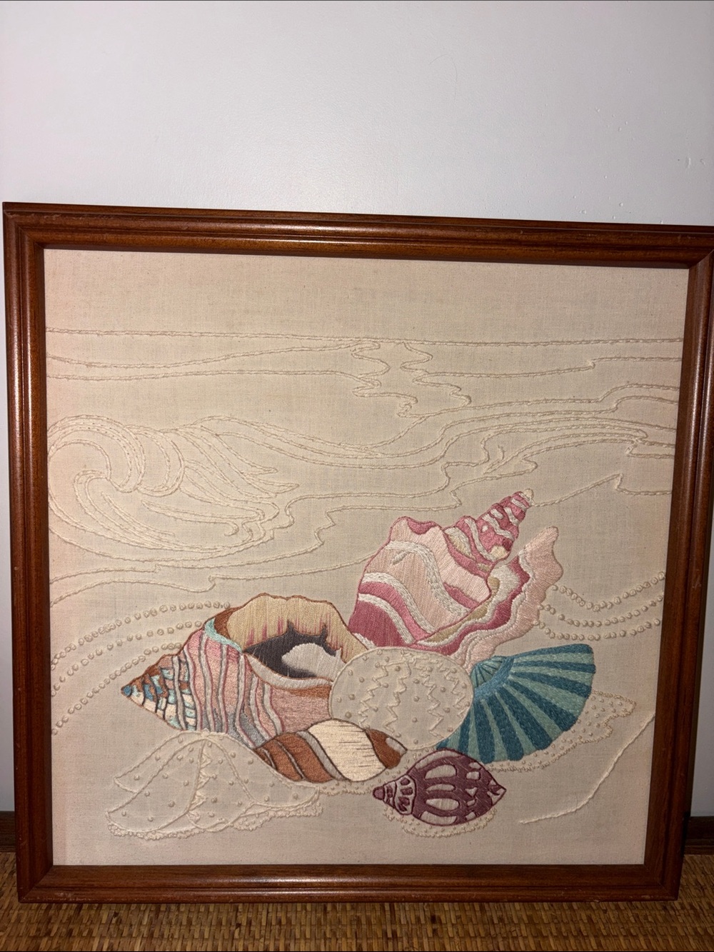 1980s Framed Seashell Embroidery Wall Art - Multicolor Pastel Coastal Grandma